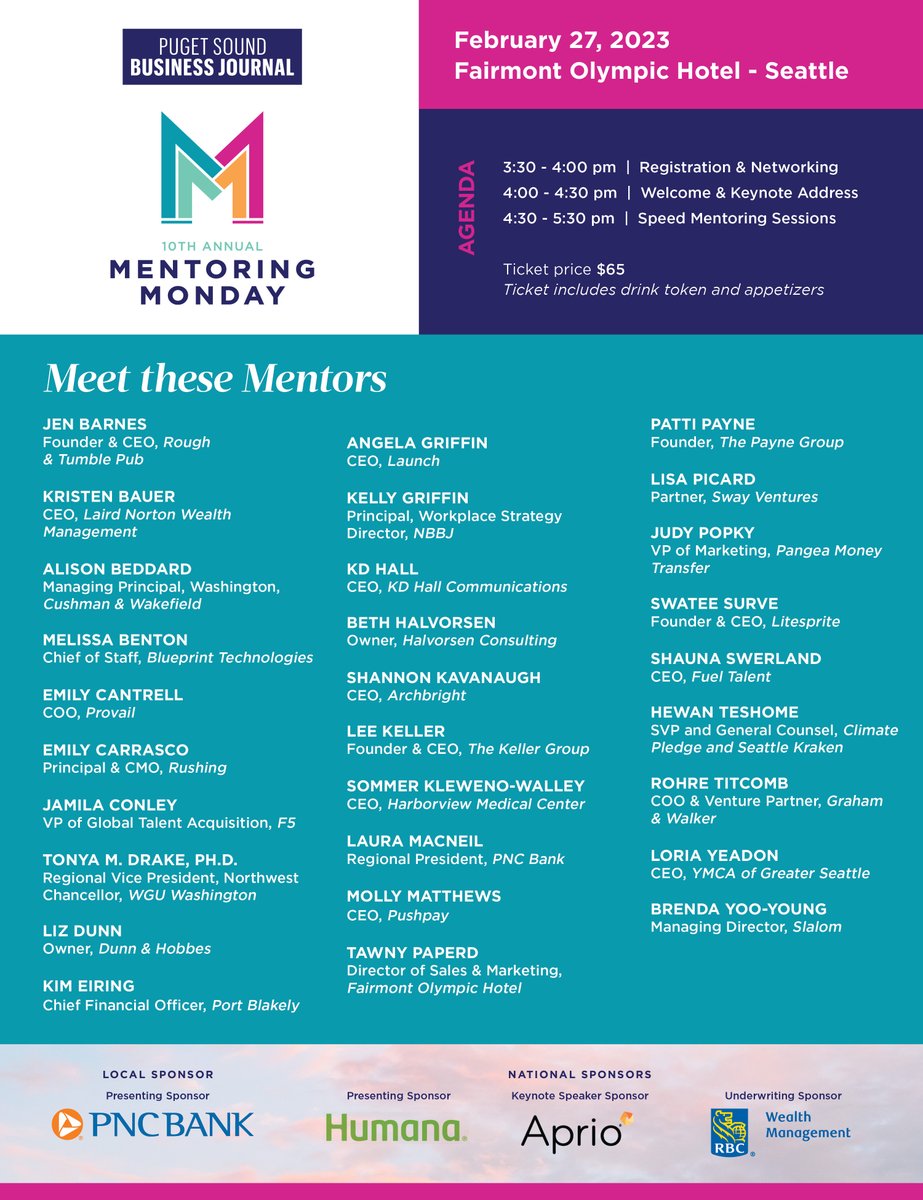100+ mentees have already signed up for <a href="/PSBJ/">Puget Sound Business Journal</a>   #mentormonday to hear life and business insights form <a href="/swateesurve/">Swatee Surve</a>  and other talented PNW Female leaders. Join us and forward to anyone who you think would benefit. Register @ bizjournals.com/seattle/event/…