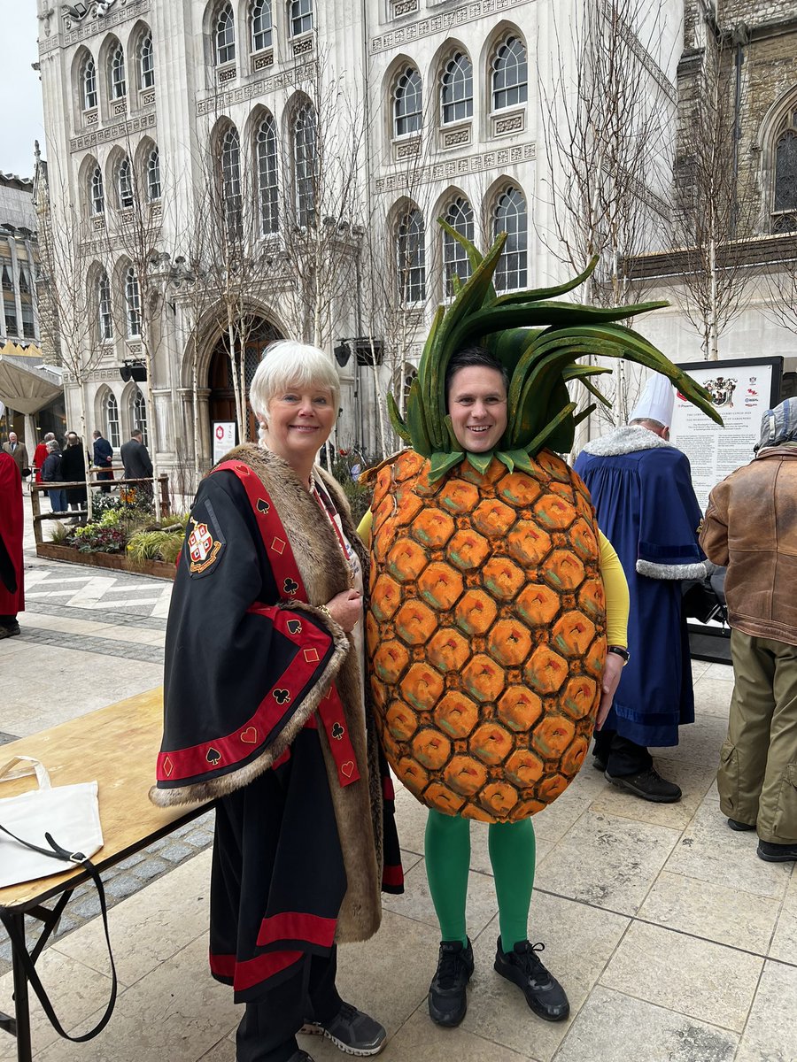 The Master Playing Card Maker and her fruity friend at the Pancake race today @FruitLivery #shouldhavebeenalemon