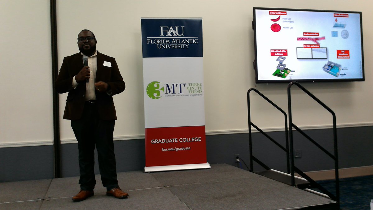Darryl Dieujuste, graduate student from @FAUEngineering presenting “Point-of-Care Vaso-Occlusion Tester for Sickle Cell Disease” #FAU3MT #3mt #ThreeMinuteThesis #Engineering #ComputerScience #FAUGradCollege #research #scholarship