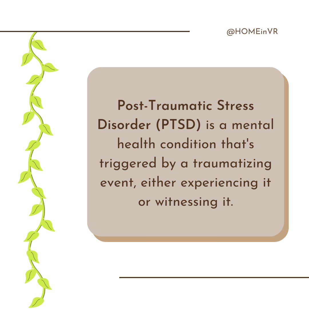 homeinvr's tweet photo. What is Post-Traumatic Stress Disorder? 

PTSD is a mental health condition that's triggered by a traumatizing event, either experiencing it or witnessing it.

To learn more about HOME, click here: https://t.co/NT0kiX0LFa

#MentalHealth #MentalHealthAwareness #VR  #PTSD https://t.co/tkNUEFJRu8