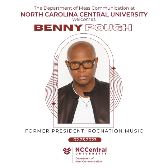 #NCCUEagle | RocNation Music's former CEO Benny Pough will visit campus on Thursday, Feb. 23. A meet and greet luncheon will be held at 11:30 a.m. in the Pearson Banquet Room. Register using the link in our bio to secure one of the limited seats. #NCCULife #ILoveMy1910