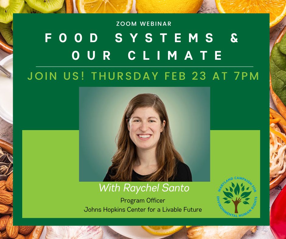 📣Join us on Thursday, February 23 at 7pm on Zoom for a conversation about the connection between #foodsystems and #climatechange with Raychel Santo, Program Officer at The Johns Hopkins Center for a <a href="/livablefuture/">Livable Future</a> 

RSVP at bit.ly/3kfvNQE for the Zoom link!
