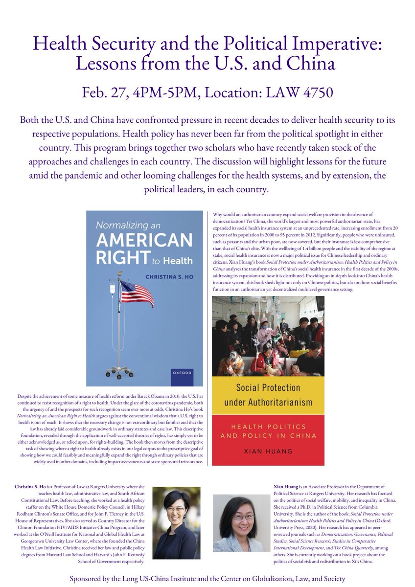 Please join us on Feb. 27 for 'Health Security and the Political Imperative: Lessons from the U.S. and China' with @christina_s_ho and @XianHuang710! @UCILaw @fwanguci @gregorycshaffer @ucisocsci