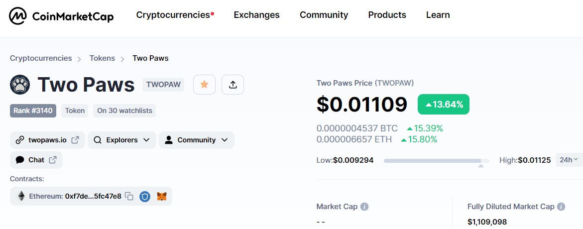 TwoPawsDefi's tweet photo. Now you can find us on @CoinMarketCap 🥳
Lets go 🕶️
$TWOPAW https://t.co/egSxl1sgDM