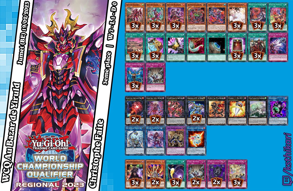 Team__Hikari's tweet photo. WCQ Jumet, BE (2023-02-19)
Top 16 decklists
Missing :
- 4th (Thibaut Pirlet, Spright Runick)
- 13th (Julien Di Marco, Kashtira)
Position 1 to 5
#yugioh #yugiohtcg #kashtira #spright #runick #labrynth #dlink #dino #swordsoul #wcq https://t.co/18VmfYjG55