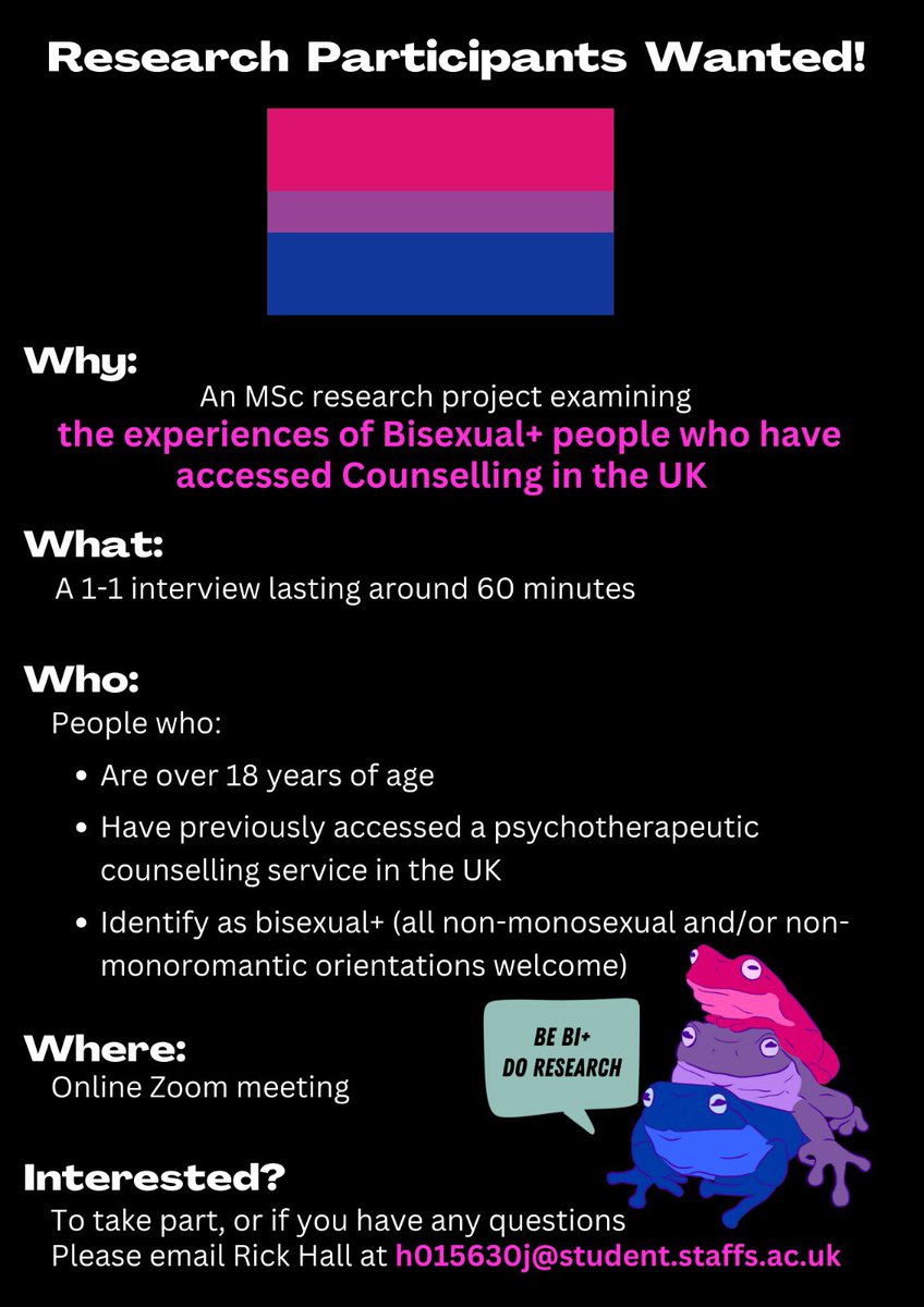 StaffsCouns's tweet photo. We’ll be posting up some of our students’ call for research participants over the next couple of weeks

First up, Rick Hall looking at the experiences of bi people in counselling. Massively under-researched as an area, we hope it will be great! #therapistsConnect #lgbt #bisexual https://t.co/uhruqsp6eL