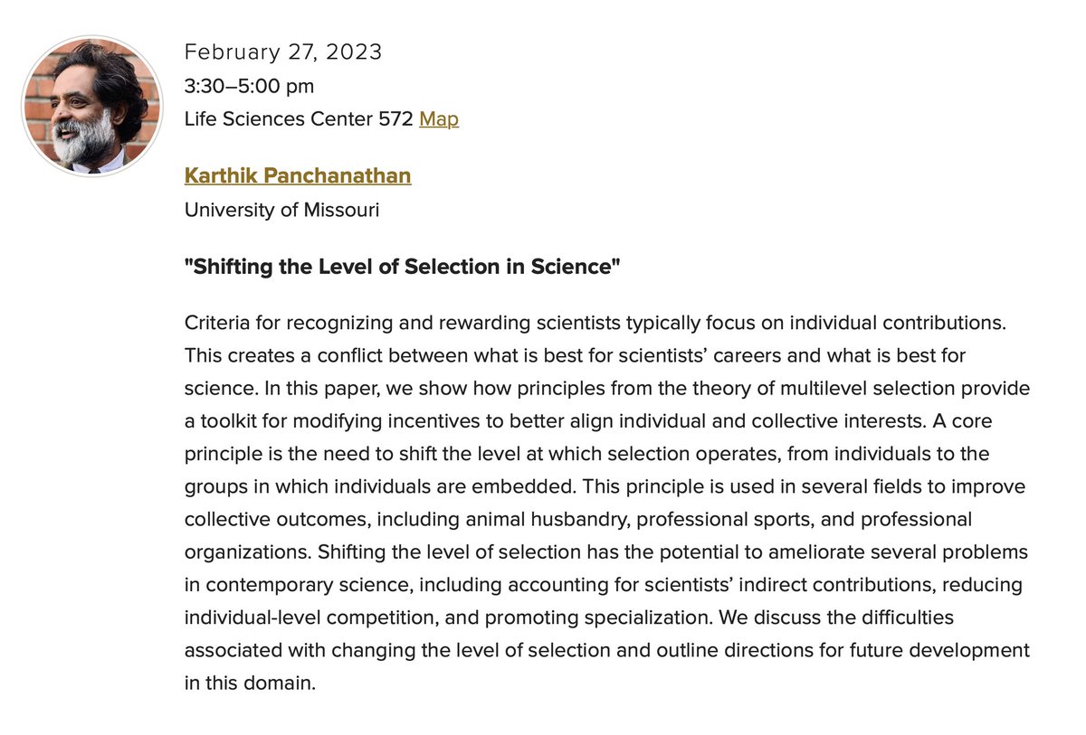 Mizzou Anthropology (@mizzouanthro) on Twitter photo <a href="/karthikpan/">Venu Karthik</a> will be giving the first ESS talk of the semester: "Shifting the level of selection in science" on 2/27 @ 3:30pm in Life Sciences 572. All are welcome! <a href="/karthikpan/">Venu Karthik</a> will be giving the first ESS talk of the semester: "Shifting the level of selection in science" on 2/27 @ 3:30pm in Life Sciences 572. All are welcome!