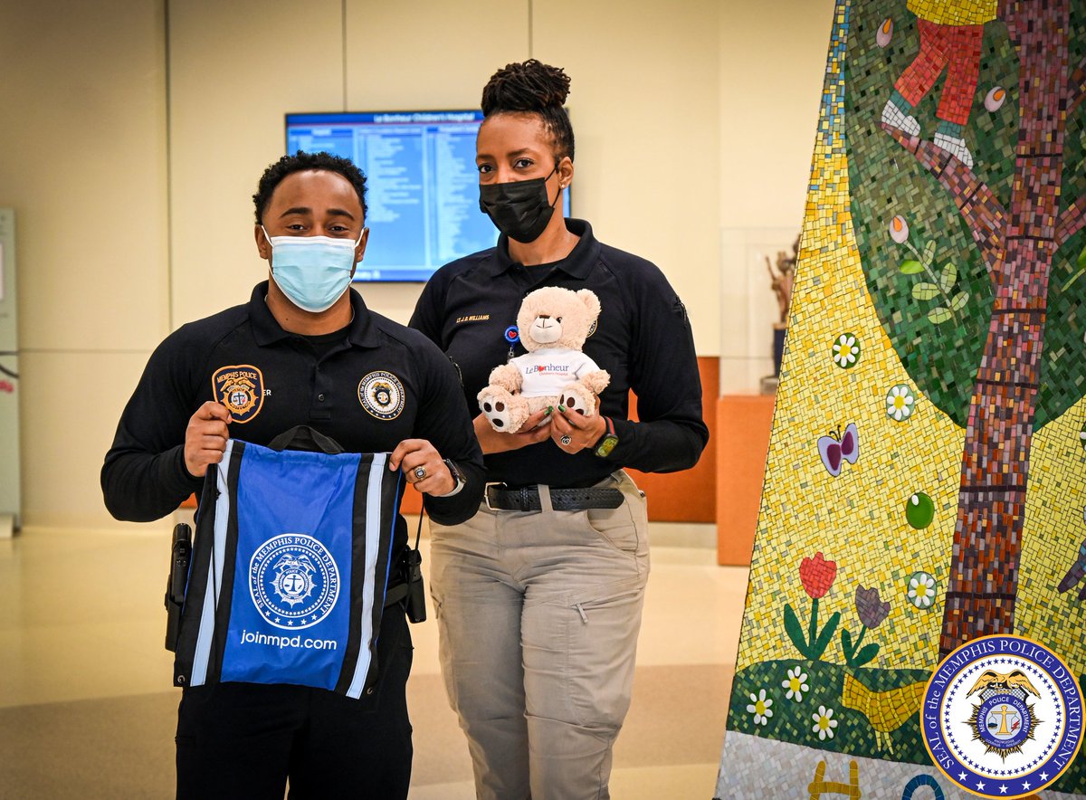 Lieutenant J.D. Willams and Officer J. Hibler stopped by LeBonhuer Children's Hospital to visit a patient who loves police and loves to police patches. MPD was happy to add one of our many patches to their collection. We wish our new friend a speedy recovery!
<a href="/LeBonheurChild/">Le Bonheur Children's</a>