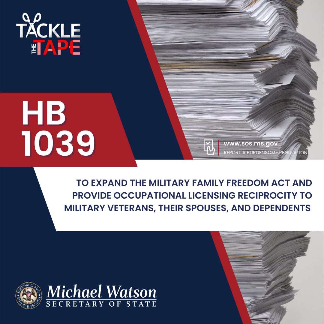 MichaelWatsonMS's tweet image. #TackleTheTape✂️: Proud to support HB 1039 which would allow military veterans and their families to be eligible for occupational licensing reciprocity. #RegReform