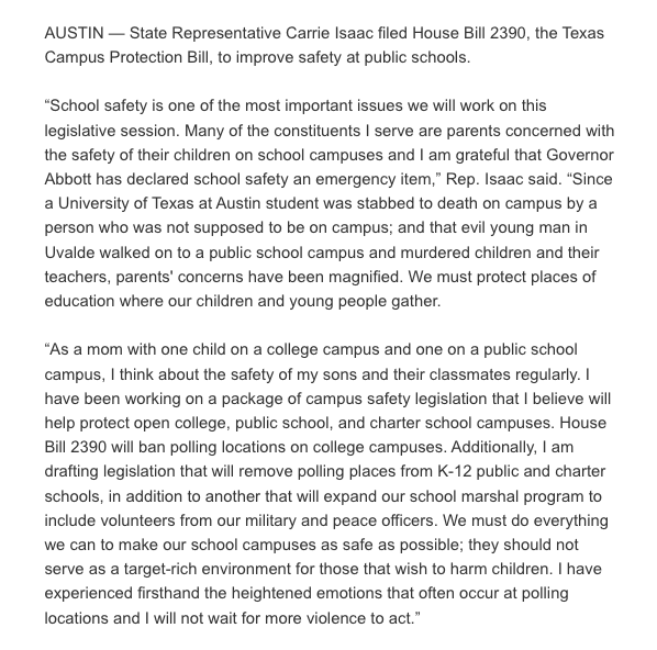 meganmmenchaca's tweet photo. State Rep. @CarrieIsaac's statement on her bill proposing a ban on polling places at college campuses:

She said she filed it to "protect places of education" where "children and young people" are. She also plans to file a bill to remove polling places from K-12 schools. #txlege https://t.co/gA1kIIbur0