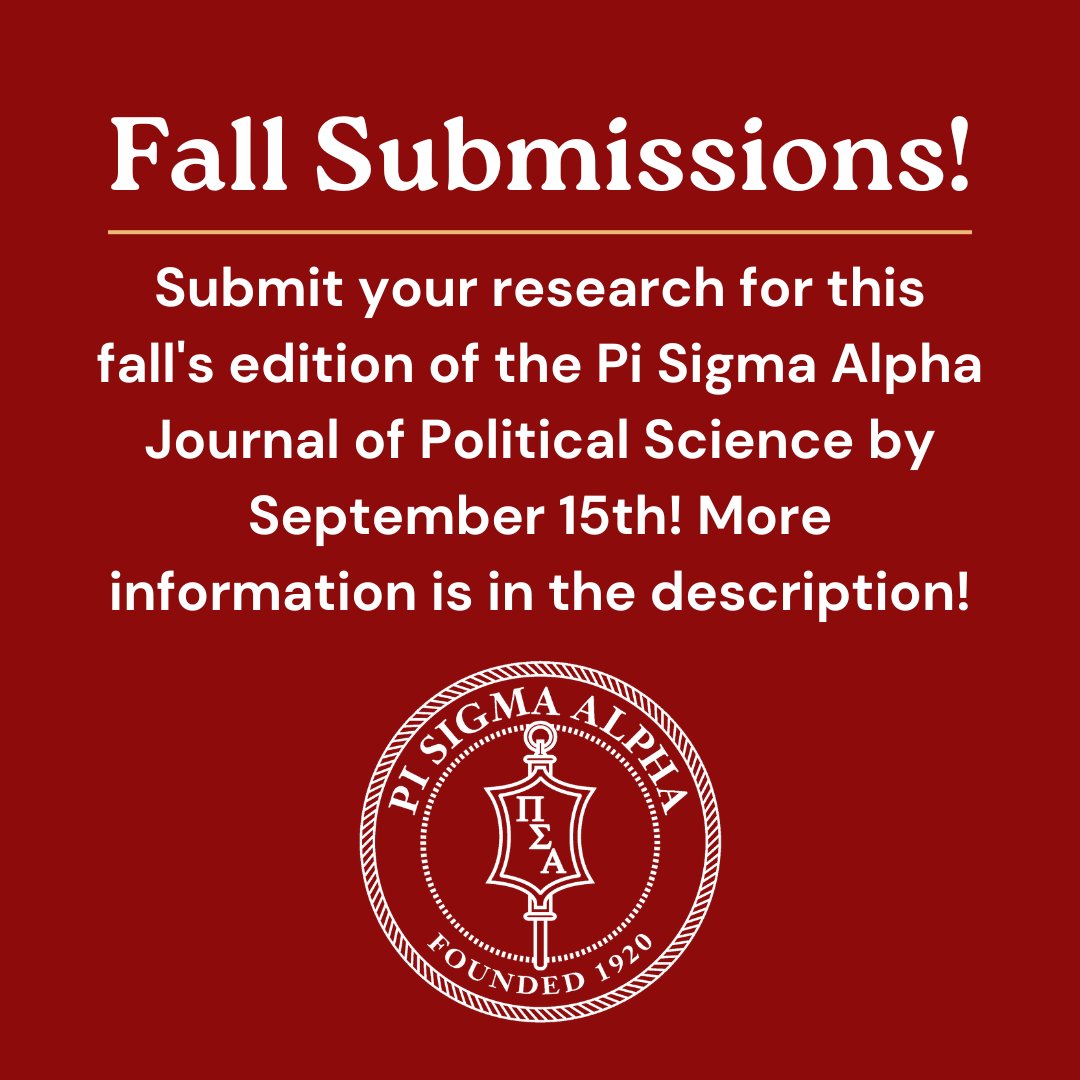 Fall Submissions for the Pi Sigma Alpha Journal of Political Science are open! All political science research welcomed! Be sure submit your manuscript by the fall deadline via the link in our bio! If you have any questions, email us at psajournalelon@gmail.com.