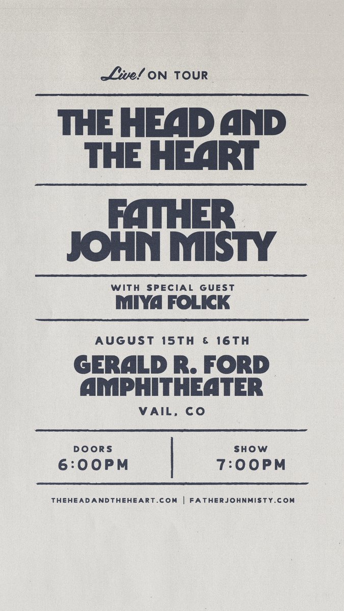 KTCLchannel933's tweet image. 😄93.9 welcomes: The Head and The Heart and Father John Misty with special guest Miya Follick to Gerald R. Ford Amphitheater In Vail CO. August 15 and 16th. 
😃 #KTCL #HEADANDHEART #FATHERJOHN #VAIL #CO #93.9