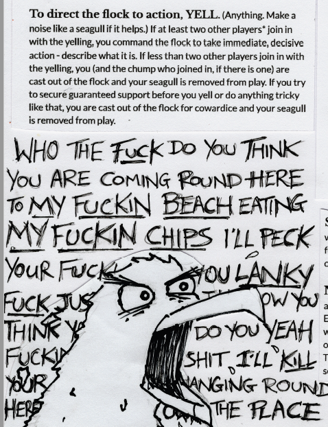 gshowitt's tweet image. February's free 1-page RPG is EVERYONE IS SEAGULLS. 

You play thirty seagulls. The main mechanic is communal yelling. 

Patrons get it a week early here: patreon.com/posts/79006873