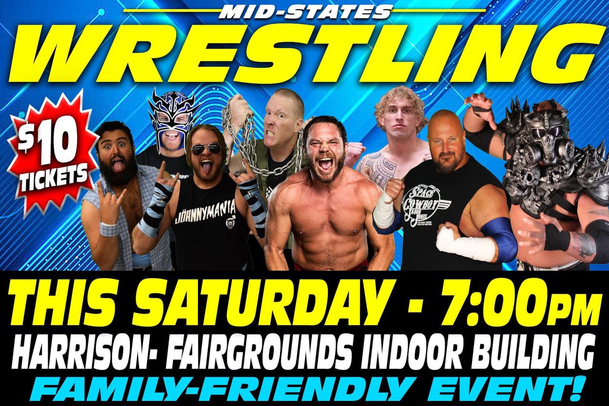 Get your tickets NOW for the last fundraiser event this month in #HarrisonArkansas! 
#midstateswrestling #prowrestling #familyfriendly