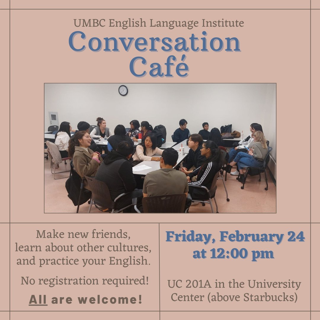 This week, the Conversation Cafe will meet at on Froiday 12:00 PM instead of the usual time of 1:00 PM. We will meet in room UC 201A on the second floor of the University Center (right above Starbucks). If you have trouble finding the room, please message us via Instagram.