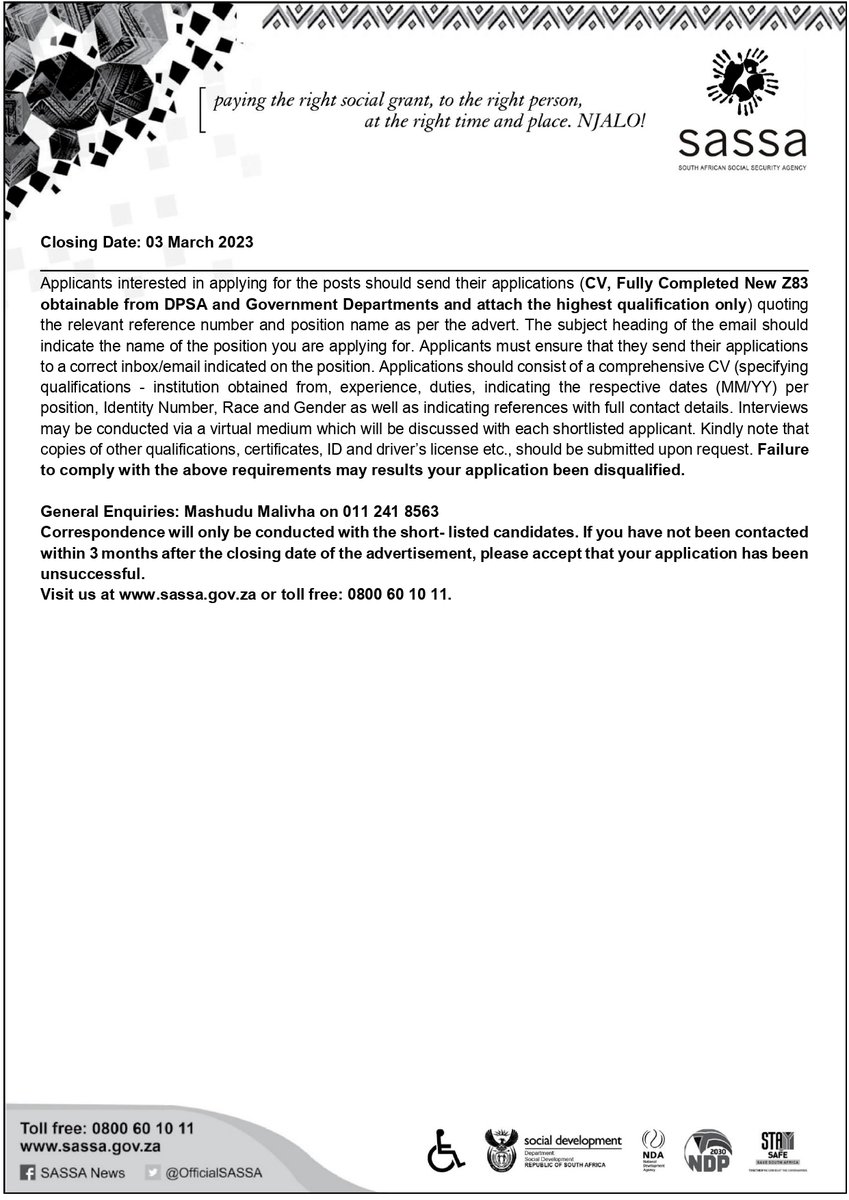 mikeconsultants's tweet photo. Administration Clerk x 3 posts 
Grants Administrator x 4 posts 
Document Management Administrator 

SASSA
Location Gauteng

Closing Date 03 March 2023 
Refer to pictures 

Like and follow the page https://t.co/HpWxWR43gC