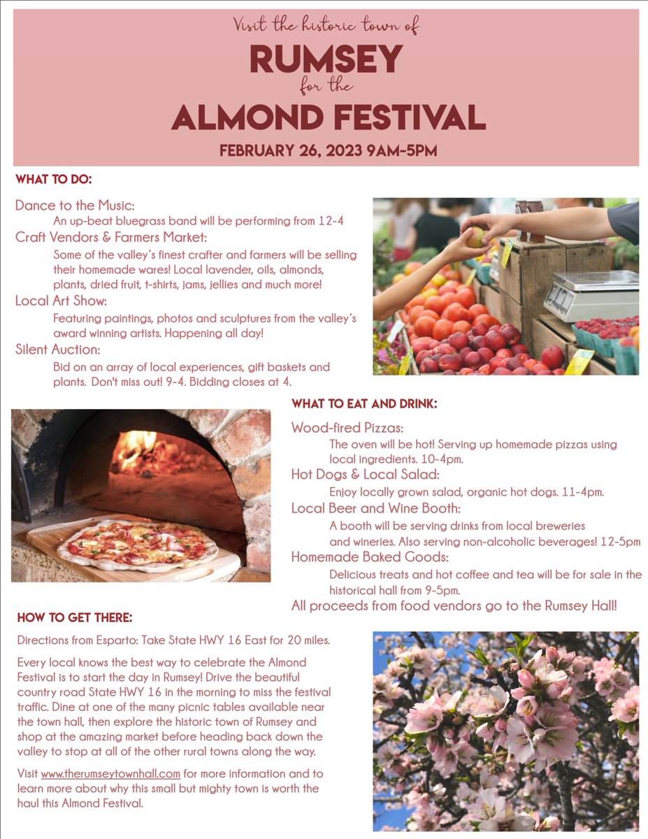 CapayMills's tweet photo. Find Capay Mills this Sunday (2/26) in Beautiful Downtown Rumsey at the 108th Annual Capay Valley Almond Festival
https://t.co/WgV3Y42up5 https://t.co/jktonyq9tz