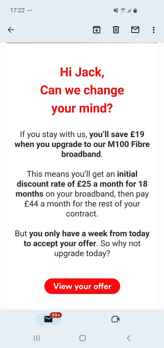 Pinky2k14's tweet photo. @virginmedia pester me with emails now offering deals but wouldn't offer me the new customer offer for 39.99 for 1 gig service 🖕 https://t.co/NfXBoiInL5