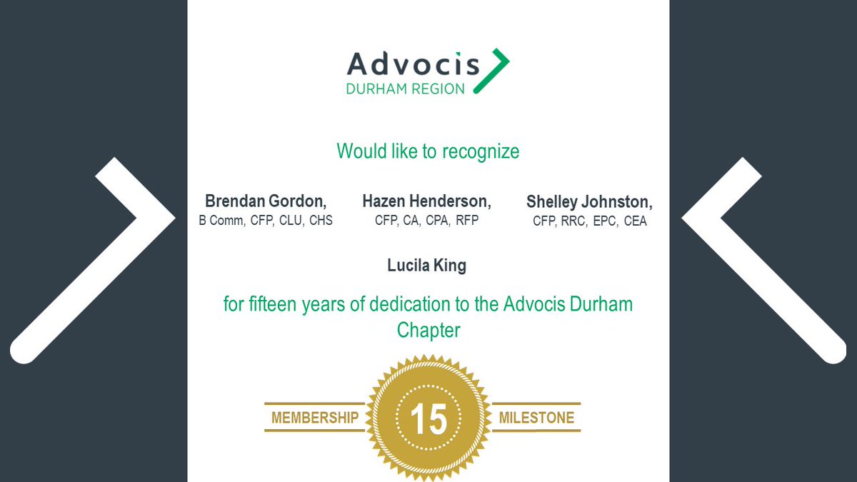 A big thank you to our members who have reached 5, 10, and 15 years of membership with <a href="/Advocis/">Advocis</a>. We at <a href="/AdvocisDurham/">Advocis Durham</a> look forward to providing you with education, development, advocacy, and fellowship opportunities for many years to come.