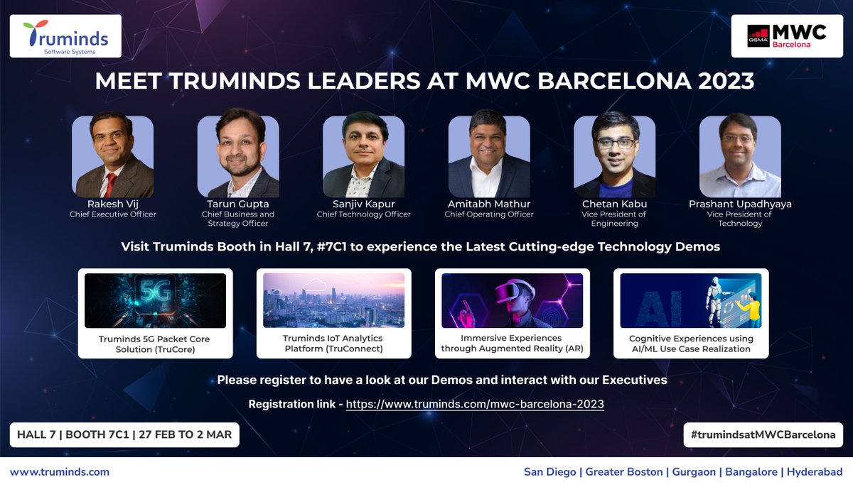 Truminds_Inc's tweet photo. Meet #Truminds_Leaders at #MWCBarcelona2023
Visit Truminds Software Systems in #Hall_7, #Booth #7C1 to experience the #Latest_Cutting_edge_Technology_Demos and interact with our Executives.
#Meeting_Demo_Registration_Link : https://t.co/PDHNk43zm7 https://t.co/MCFGby2Yqr