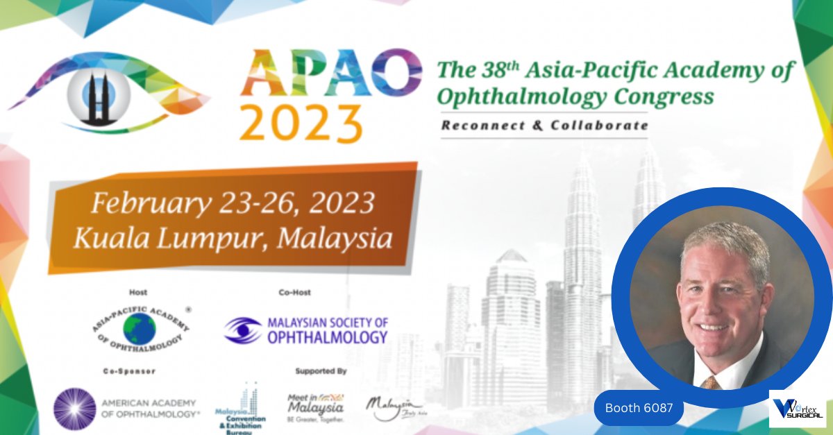 vortexsurgical's tweet photo. Mike Fanning, Vortex Surgical CEO is excited to participate in APAO 2023! If you're at the meeting stop by booth 6087 to learn what's new with Vortex Surgical or check out our website: https://t.co/kUC3UjNZ3l #surgicalretina #apao2023 #instrumentsofchange https://t.co/9Al4dijH98