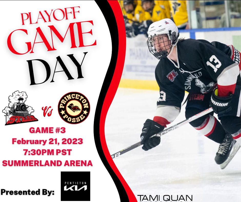 SteamKIJHL's tweet photo. ππ¨ PLAYOFF GAME DAY ππ¨
GAME # 3οΈβ£
PRESENTED BY: @Penticton_Kia
π | TUESDAY, FEBRUARY 21, 2023
β° | 7:30PM PST
π | Summerland Arena
π | @KIJHLPosse
ποΈ | $5.00 (!!)
π₯οΈ | @MyHockeyTV w/ @ThoggPxP
#GoSteamGo #AllAboardπ https://t.co/1hBmEAhX7g