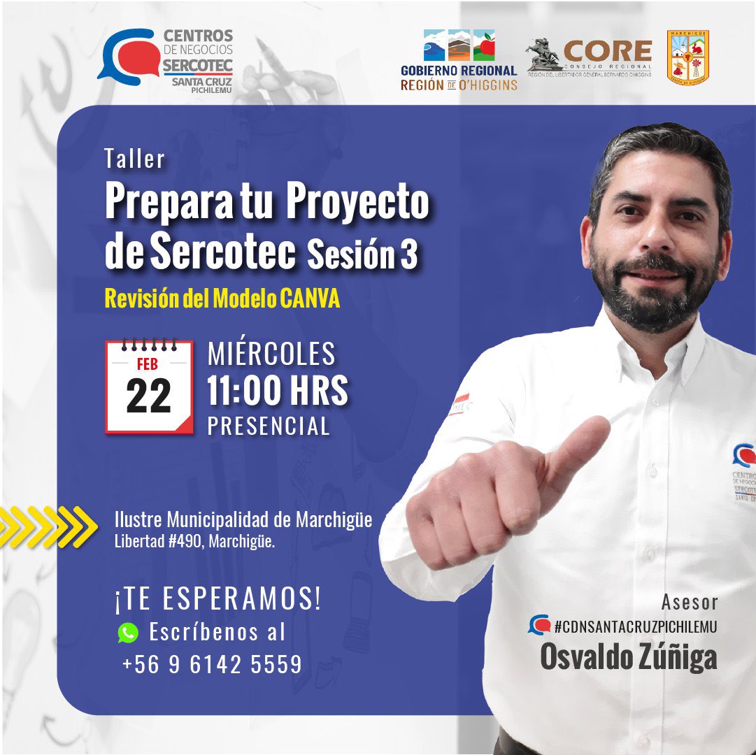 ¡Atención emprendedores y empresarios de #Marchigüe! 🗣️ ¡Sigan participando en el ciclo de talleres 𝗣𝗥𝗘𝗣𝗔𝗥𝗔 𝗧𝗨 𝗣𝗥𝗢𝗬𝗘𝗖𝗧𝗢 𝗗𝗘 𝗦𝗘𝗥𝗖𝗢𝗧𝗘𝗖!

➡️ Sesión 3: Revisión Modelo CANVA.

#Cuándo: Miércoles 22 de feb #Hora: 11:00 hrs. #Dónde: Libertad #490 Marchigüe.