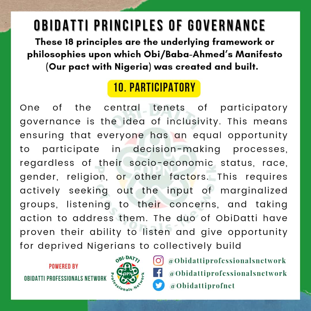 ObidattiProfNet's tweet photo. These 18 principles are underlying framework or philosophies upon which Obi/Baba-Ahmed,s Manifesto (Our pact with Nigeria) was created and built.. https://t.co/7Itf6LLkuJ