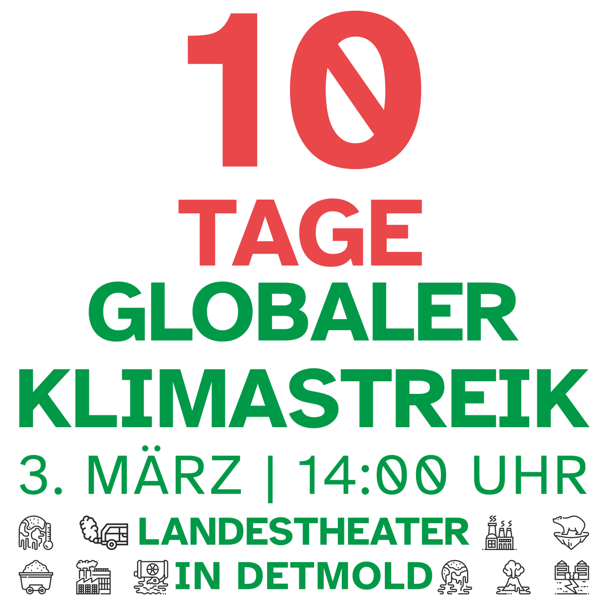 10 Tage noch ‼️
Am 3.3. ist es wieder so weit, ein weiterer Globaler Klimastreik in Detmold❗️

3. März 📅 | 14:00 Uhr 🕜 | Landestheather in Detmold 📍 | Globaler Klimastreik 💚 🌍 🌱

#FridaysForFuture #FFFDetmold