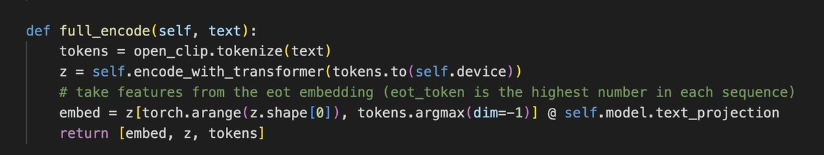 @spinthil @RSevastjanova yeah, i forgot where i found the relevant line, but i made this little server to give me both the old clip embeddings for 1.x and new ones for 2.x
gist.github.com/enjalot/222895…

i made a 'full_encode' method that borrowed an extra piece from the transformers lib i think