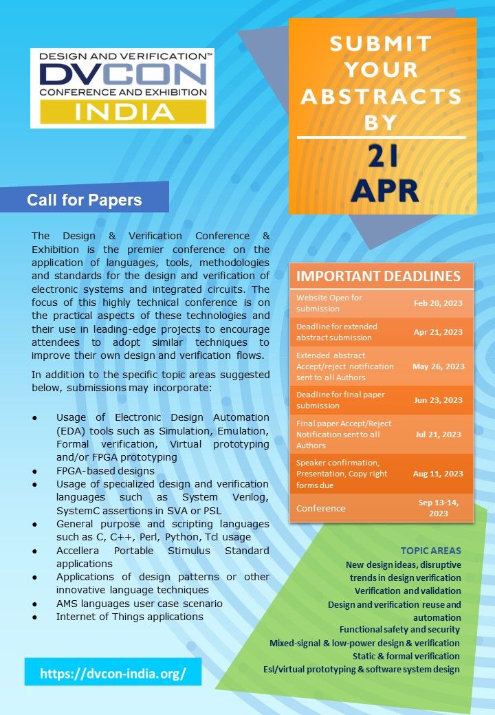 The DVCon India 2023 Call for Papers is now available! Deadline for submissions is April 21. For topics and guidelines visit: bit.ly/41e7Fi3 #IEEEIndia #Accellera #DVConIndia