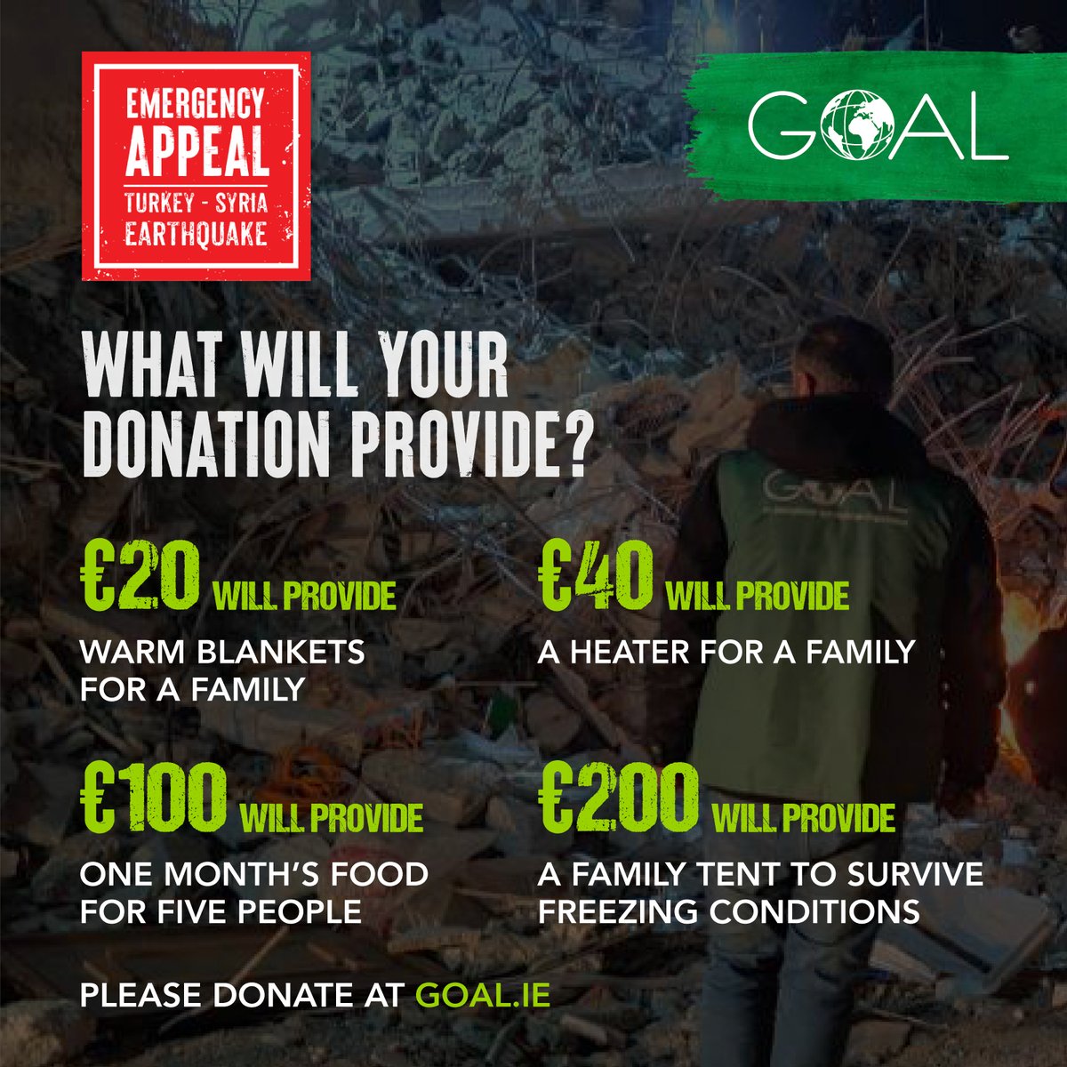 With your support GOAL teams are working on the ground providing vital aid to communities affected by the #TurkeySyriaEarthquake

🍞 food &amp; water
🛏️ warm blankets &amp; heaters
⛺ tents to shelter families made homeless

Please give what you can today ➡️ bit.ly/3KtdRwS