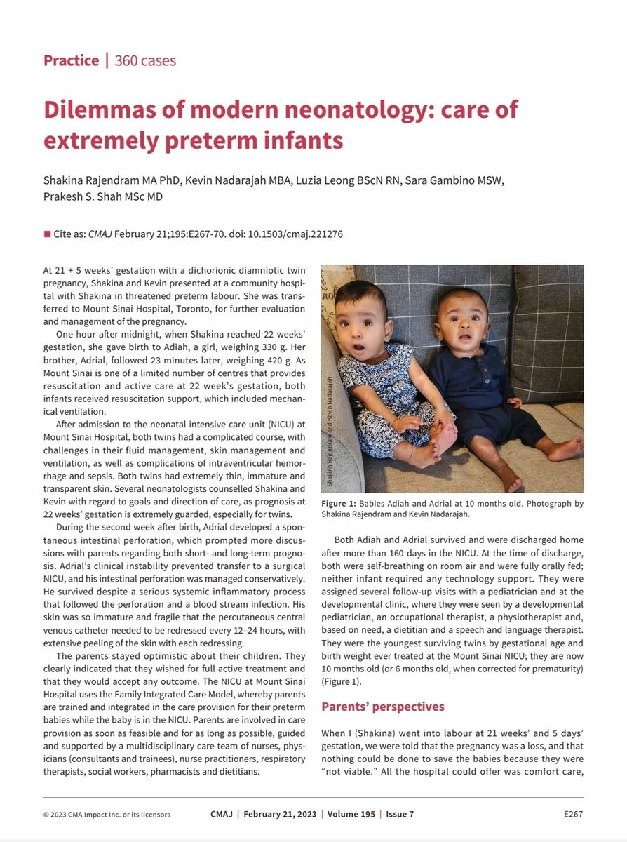 ShakinaRaj's tweet photo. In 2022, I gave birth to twins at only 22 weeks. They were 0.33kg and 0.42kg each. This article in the Canadian Medical Association Journal shares their story from four perspectives: parents, primary nurse, social worker & neonatologist
https://t.co/6jiAcejzet
@CMAJ @SinaiHealth https://t.co/2M3HzGxxL2