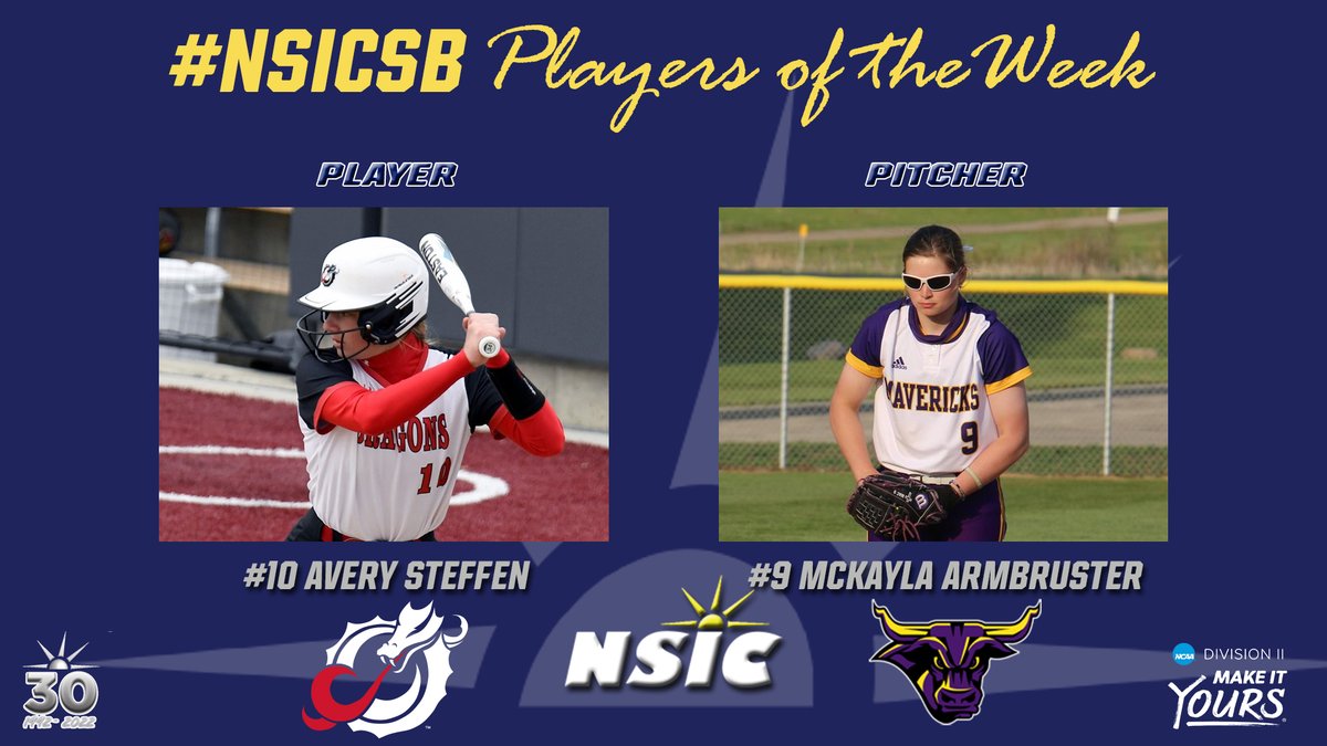 #NSICSB Release No. 3
#NSICPOW
Player: #10 Avery Steffen – MSU Moorhead
Pitcher: #9 McKayla Armbruster - Minnesota State

Full Release at: northernsun.org/news/2023/2/21…
