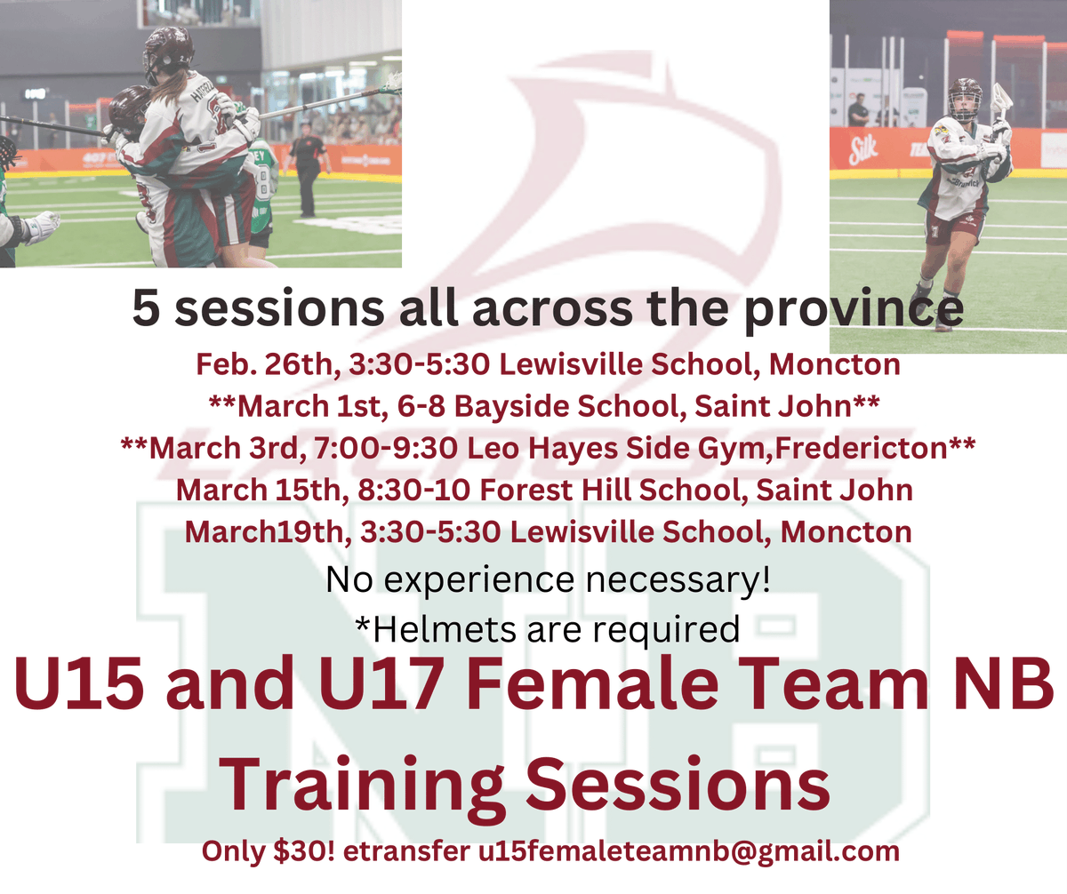 Training times for Team NB Female hopefuls have been announced for Fredericton and a second session in Saint John. Please be in touch with the coaches and send an e-transfer to confirm your participation.

Go to this link to register! go.teamsnap.com/forms/358602