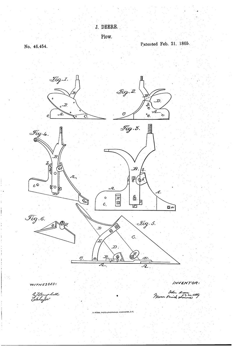 On this date in #innovation history: John Deere receives a #patent in 1865 for his #invention of a new plough in making farming more efficient and productive, and helping end the routine famines that plagued humankind for eons #PatentsMatter #ProvingMalthusWrong <a href="/uspto/">USPTO</a> <a href="/JohnDeere/">John Deere USA</a>