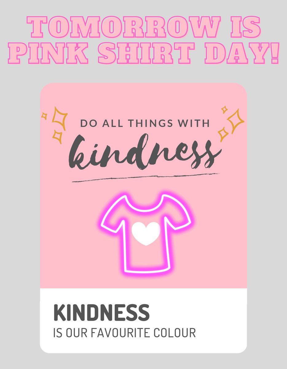 Tomorrow is Pink Shirt Day! Don't forget to wear pink to support kindness! @StAnneOCSB #ocsbKindness #ocsbJoy