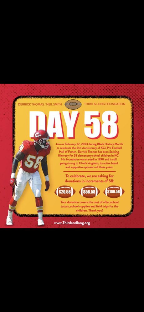 KCSportsNetwork's tweet photo. 🚨The Day 58 fundraiser celebrating #Chiefs legend Derrick Thomas is approaching!🚨

Donations go towards purchasing school supplies &amp; tutors for Border Star Elementary students.

Please consider donating to help the 3rd &amp; Long foundation sack illiteracy! https://t.co/m2a88qYqcP https://t.co/9rZZRmuC0d