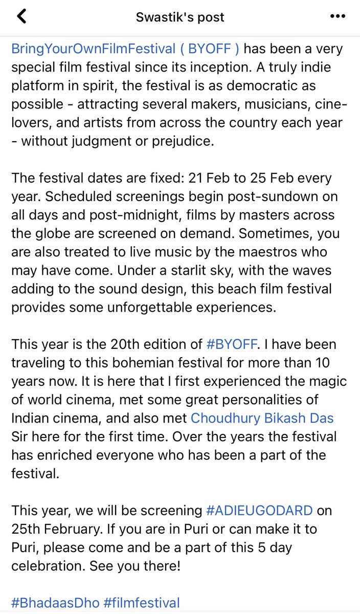 svastik_arts's tweet photo. All about my experiences with #BYOFF.
This year is the 20th edition. We are coming to Puri and will be screening #AdieuGodard on 25th. If you are in Puri or can make it do not miss this festival. 

Looking forward to meeting some lovely people in Puri! https://t.co/BJHB7bbtKt
