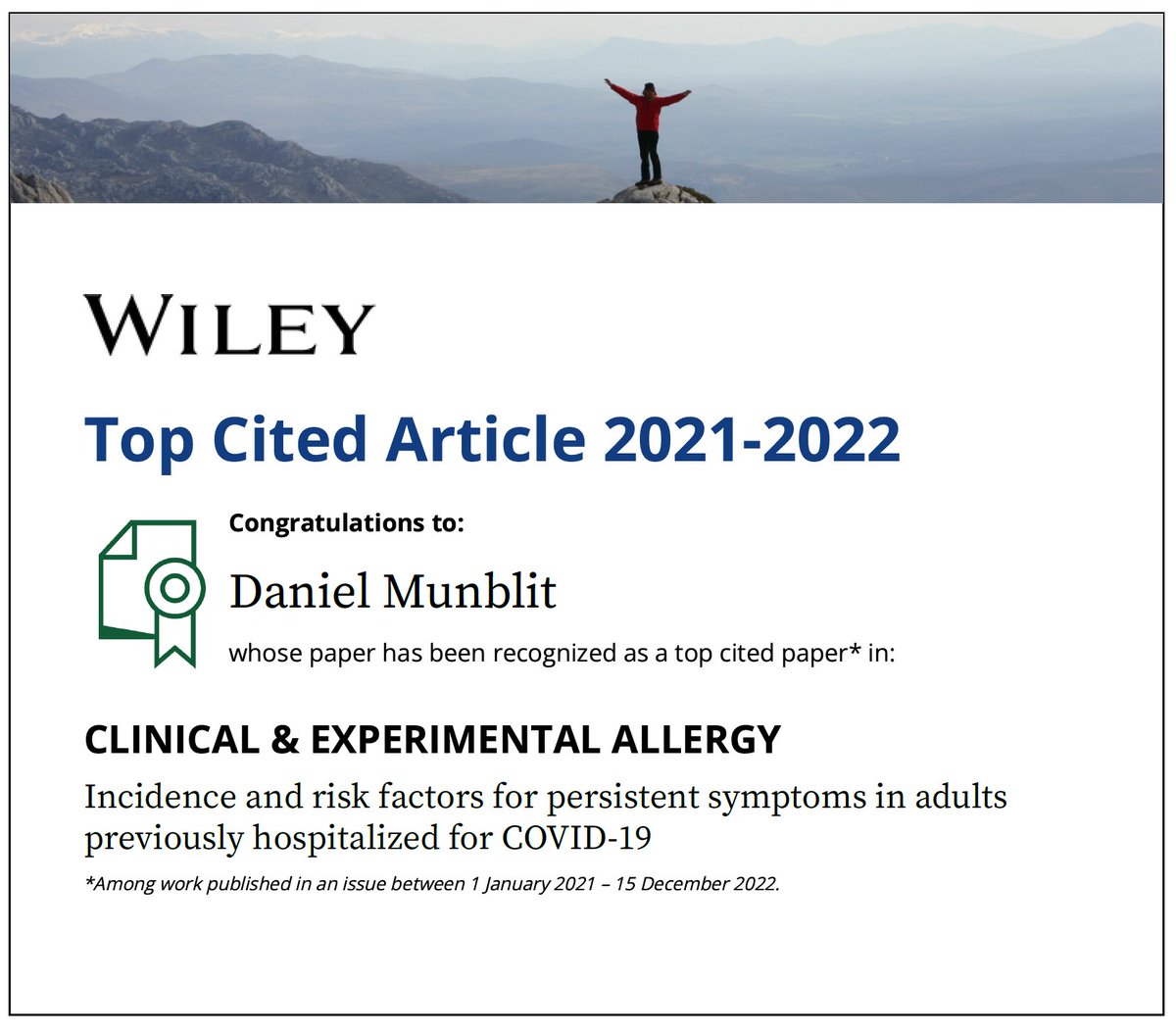 Delighted! The results of the study I led received enough citations to be a #topcitedarticle in Clinical Experimental Allergy! :) &lt;3