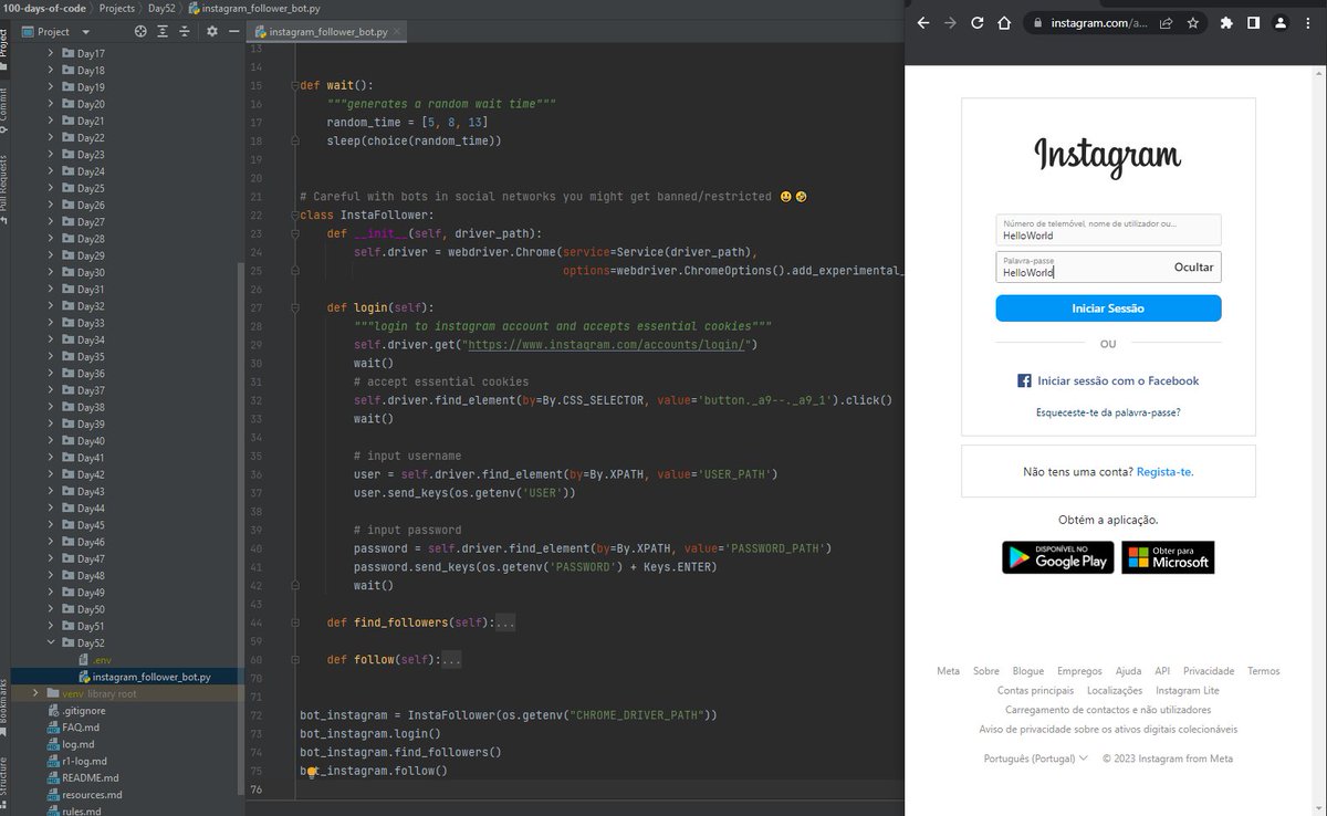 RuiFSPinto's tweet photo. Day52 #100DaysOfCode #Python

"An Instagram bot that helps you find interesting people to follow and grow your business? Sounds great, but be warned: using it too much could lead to your account getting botted and banned! 🤣#UseWithCaution" https://t.co/WjIECGnV4o