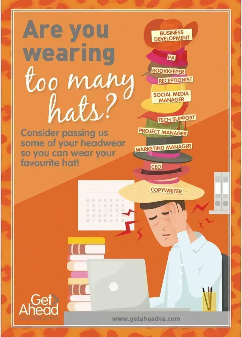 Are you wearing too many hats? 🎩👒🧢
The Get Ahead team is made up of experts in all sorts of different fields, from social media to #businessdevelopment to web design. Whatever work you need doing, we will match you with a #businessexpert to give you the support you need.