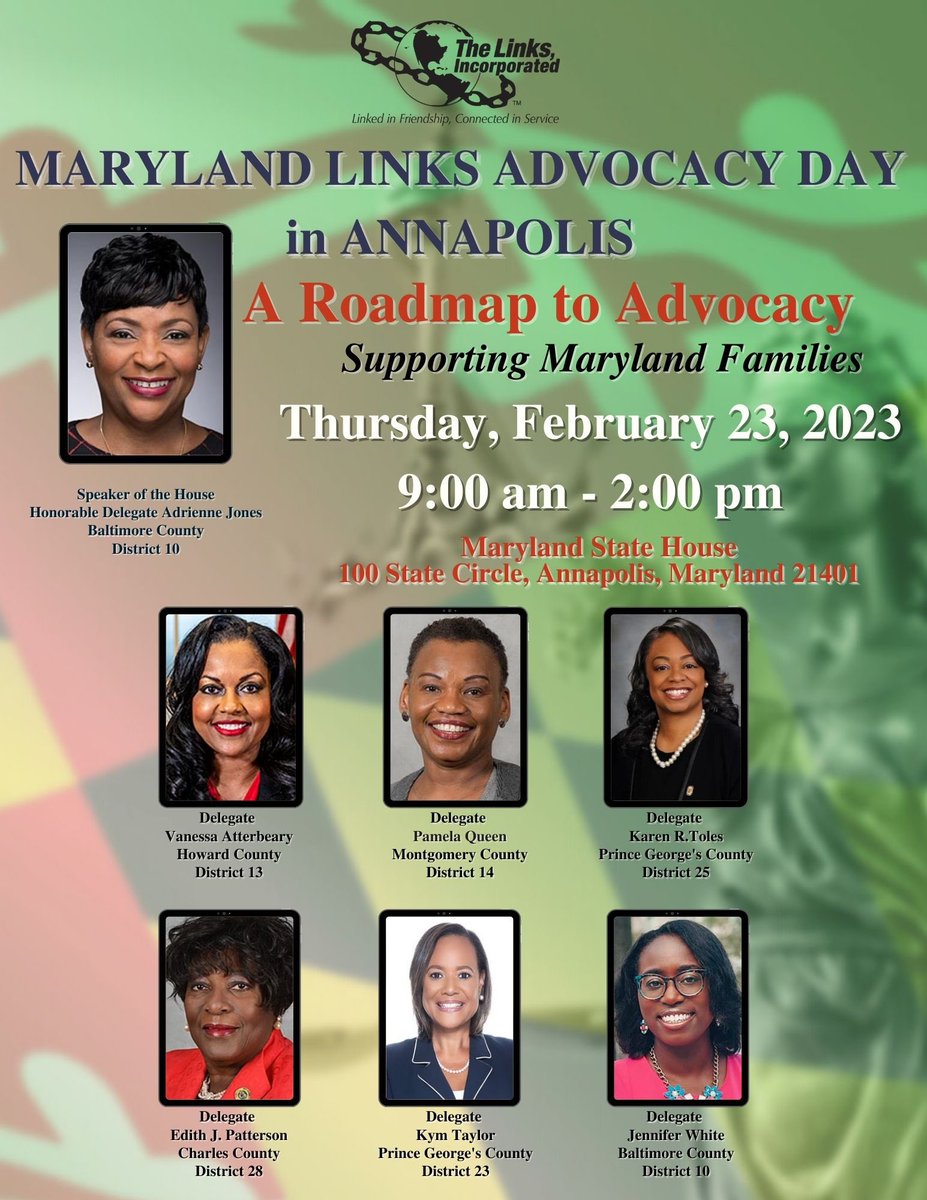 The Prince George’s County (MD) Chapter is looking forward to joining other #LinksInc Chapters from across #Maryland to support MD Advocacy Day in Annapolis at the Capitol on Thursday, Feb. 23 💚🤍⛓️

#PGCLinks #EALinks <a href="/linksinc/">The Links, Incorporated</a> <a href="/EArealinksinc/">easternarealinks</a>