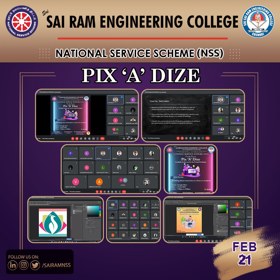 NSSSAIRAM's tweet photo. Pix 'A' Dize, โจ a virtual workshop on poster designing for the NSS first year volunteers, was conducted by Sairam NSS on Feb 21, Stretching their frame of mind towards creativity. ๐คฉ.
@sairamceo
#PixADize #VirtualEvent #notmebutyou #teamnss #nsstamilnadu #nssindia https://t.co/OXCd9mb1WY