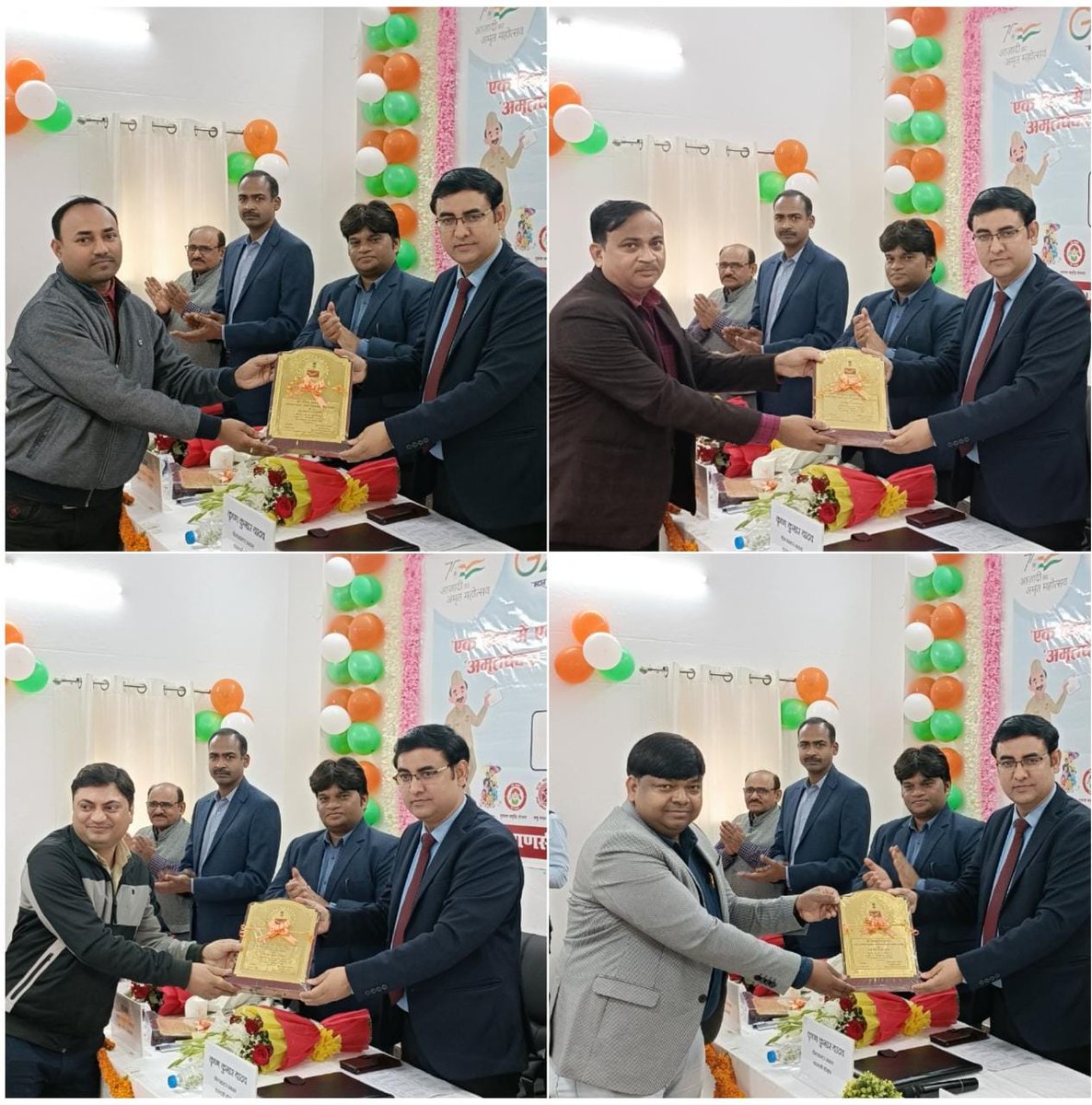 pmg_varanasi's tweet photo. @IndiaPostOffice officials were felicitated by Mr. Krishna Kumar Yadav, Postmaster General, #Varanasi Region for their excellent work during the 'Ek Din Me Ek Crore' #savings account, '#Amritpex Plus' #SukanyaSamriddhiAccount campaign &amp; Postal Life Insurance Day.@cpmgup @kkyadava https://t.co/vCRNohbftP