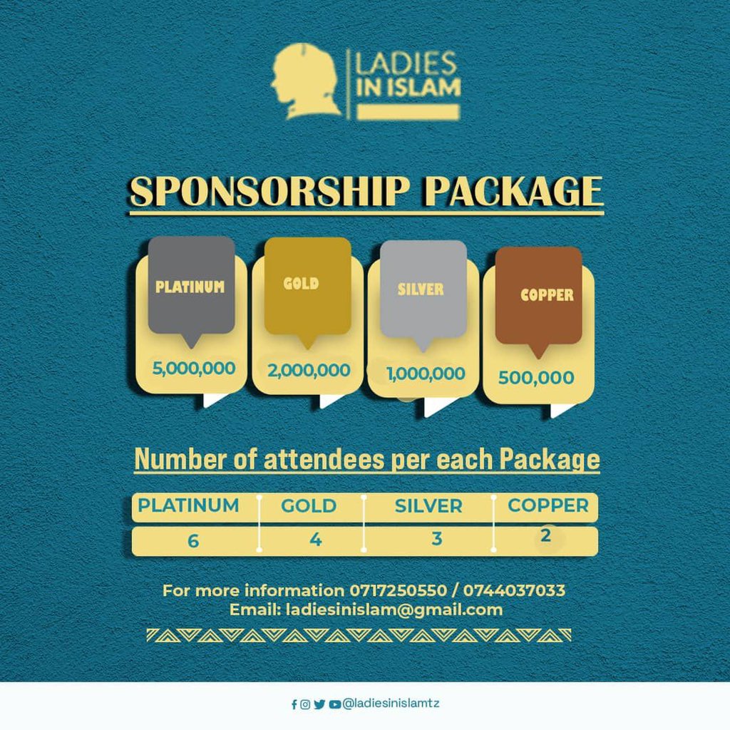 MarekaMalili's tweet photo. Je, unajiuliza unawezaje kudhamini @ladies_in_islam Event 2023 na Usijali, tumekuwekea viwango vyetu vyote hapa sawa na uwezo wako! Karibu kudhamini #LadiesInIslam🧕🏻 Event Mwaka huu tutaangazia juu ya “MALEZI NA MAADILI MEMA KATIKA KARNE YA 21” Tarehe 08/04/2023 https://t.co/79PcygMIkB