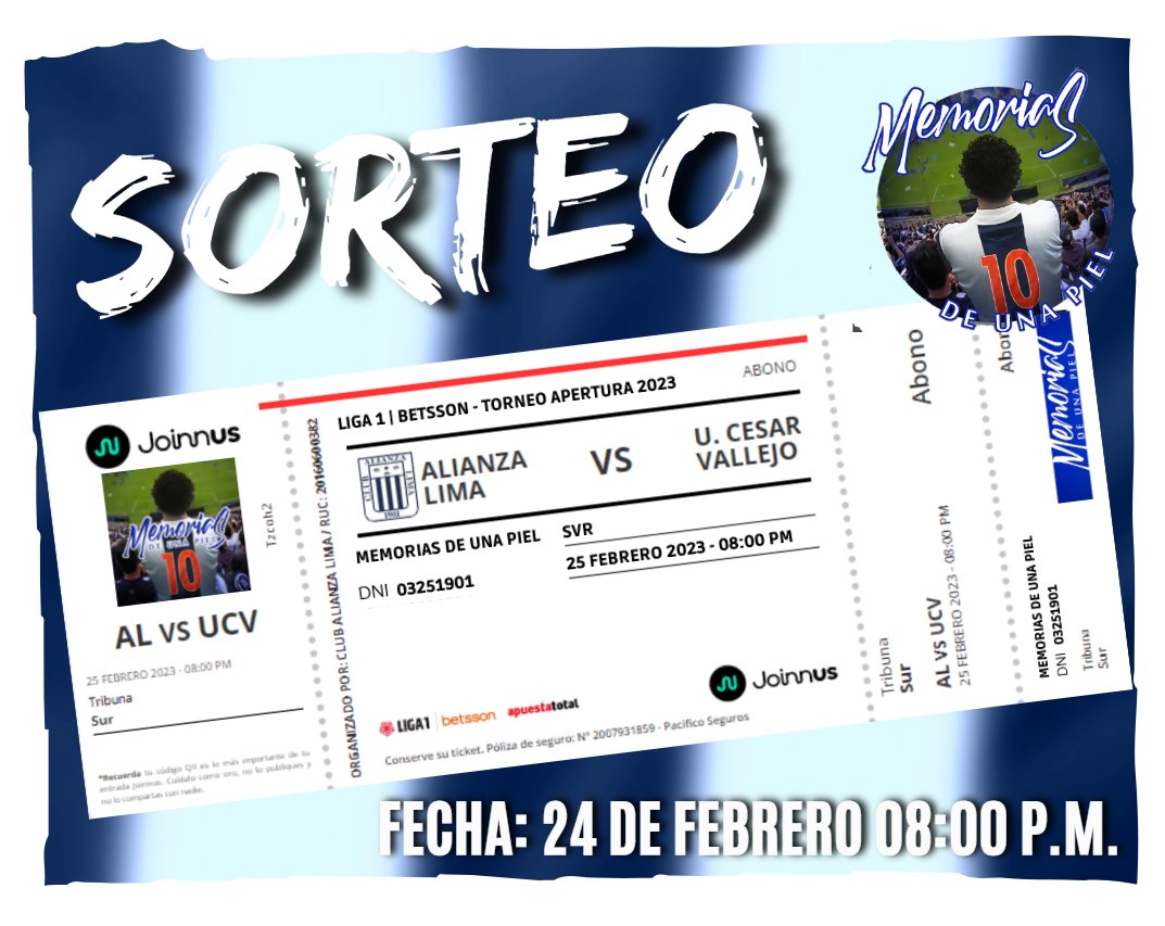 memorias_al's tweet photo. 🎁🧧Sorteamos 1 ENTRADA a tribuna SVR para el Alianza Lima⚪️🔵 vs UCV

Pasos a seguir:
📌Dar RT a este post y seguirnos
📌Comentar: #LlevameAlEstadioTioMemorias
📌Suscribirte a nuestro canal de Youtube: https://t.co/ZRUG46aemQ

📅Sorteo: VIERNES 24/02 08:00 p.m. https://t.co/12ikSh1fRC