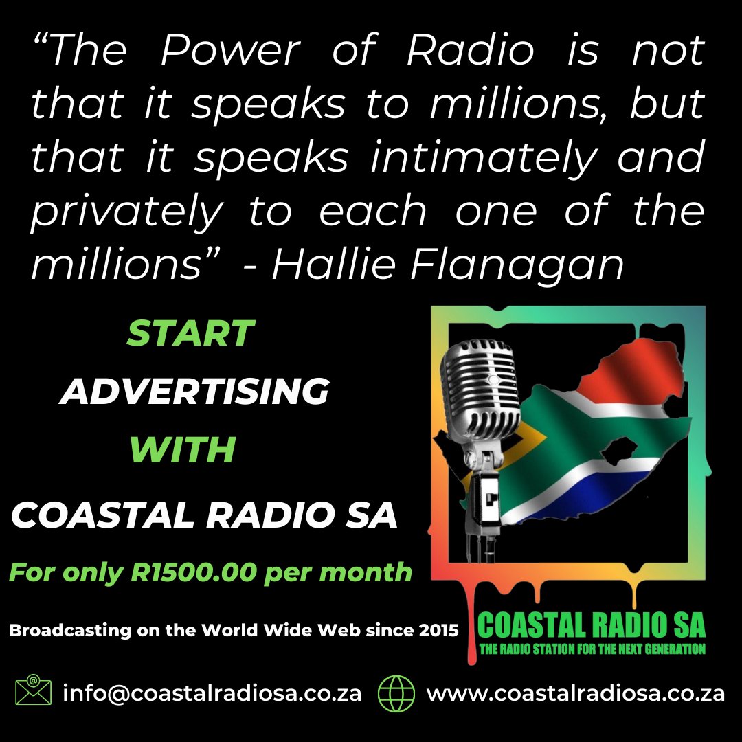 Advertise with #Coastal_Radio_SA for R1500.00 per month. Email: info@coastalradiosa.co.za for more information. 
#advertising #marketing #promotion #brandingstrategy #productawareness #radioadvertising #onlinemarketing