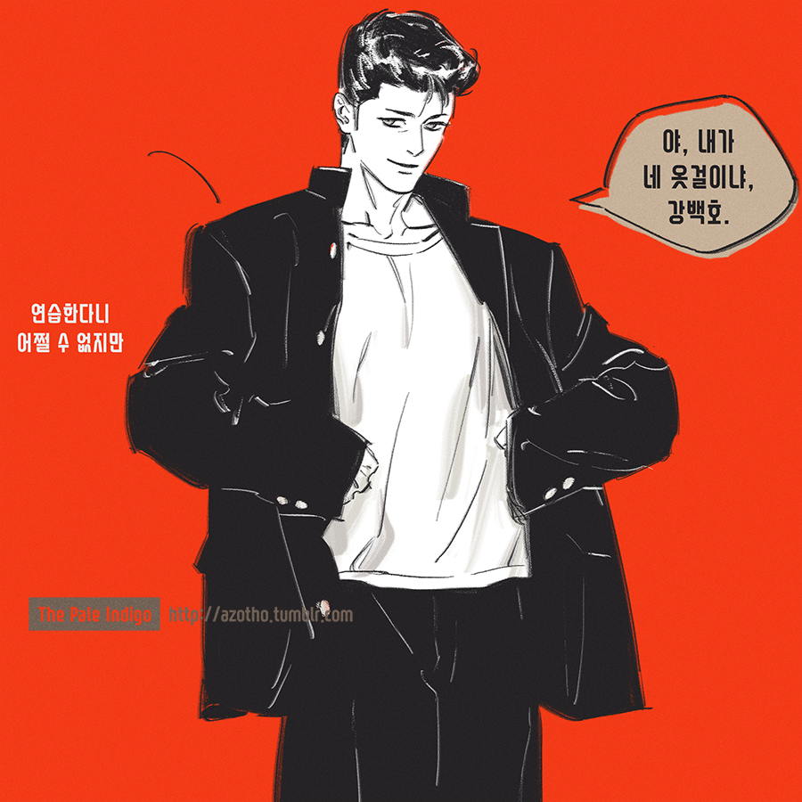 1boy male focus solo pompadour red background korean text jacket  illustration images