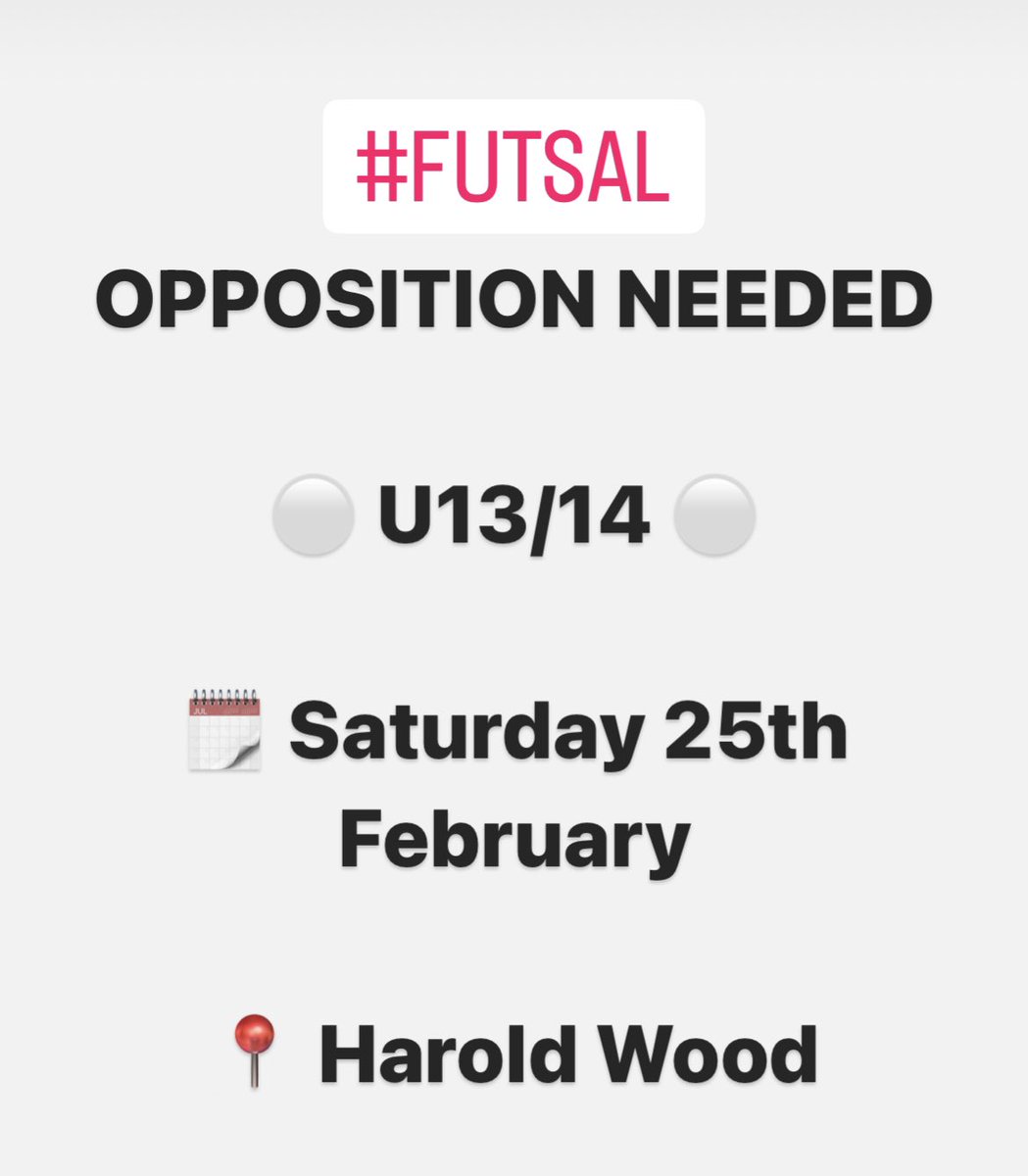 We are looking for u13/14 opponents for this Saturday. #Futsal or #Football teams. 

⏰ 2pm or 3pm 
💷 No cost 

🔁 Please retweet &amp; share

#Grassroots #Letsplay #Romford #Upminster #Hornchurch #U13 #U14 

<a href="/echoleague/">@echoleague</a> <a href="/EJALeague/">EasternJnrAlliance</a> <a href="/SouthendClub/">Sporting Club Southend</a> <a href="/BraintreeFClub/">Braintree Futsal</a> <a href="/GenesisFutsal/">Genesis Futsal Club 🔴⚪️</a>